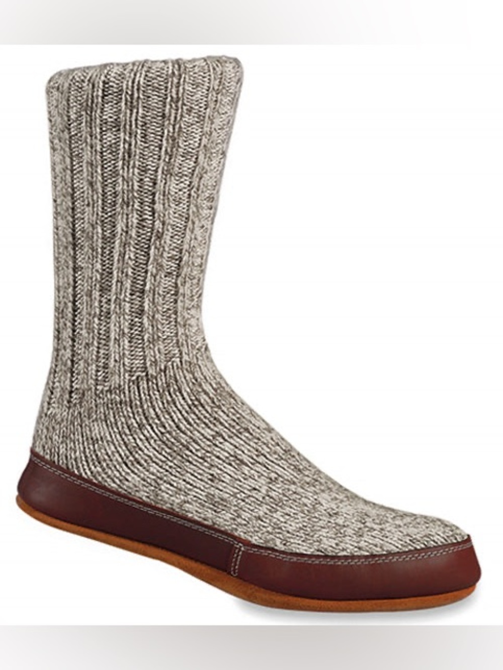 Acorn Beige Knit Ragg Wool Slipper Socks with Brown Leather Trim, Like New